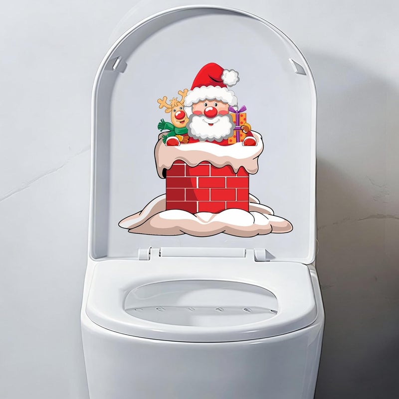 Iprokiu Christmas Toilet Sticker Chimney Santa Claus Reindeer Elf Toilet Seat Cover Decal Home Decor Waterproof Christmas Wall Sticker Elk Toilet Seat Lid Decal (Santa Claus and Deer) - Image 1